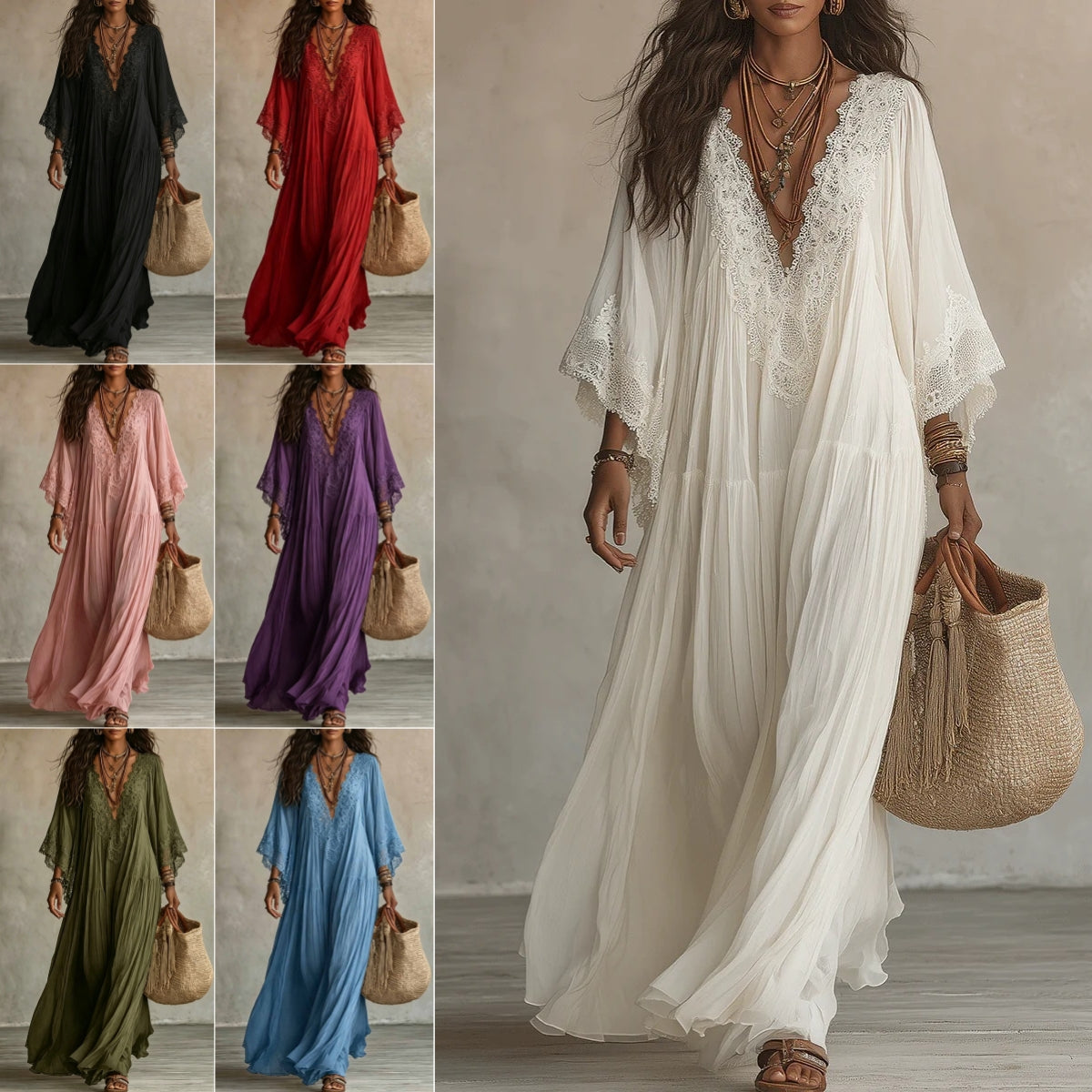Women's Lace Trim V-Neck Flowy Maxi Dress - product image 1