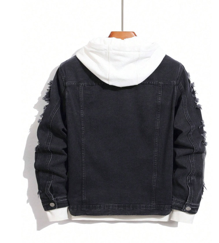 Men's Distressed Black Denim Trucker Jacket - view 7