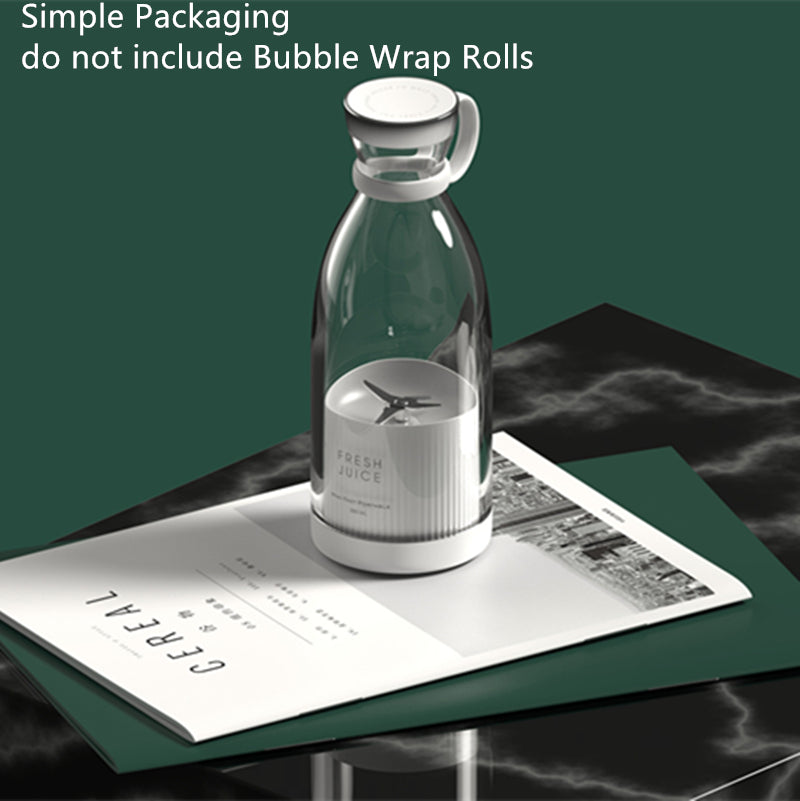 White portable blender with text describing simple packaging