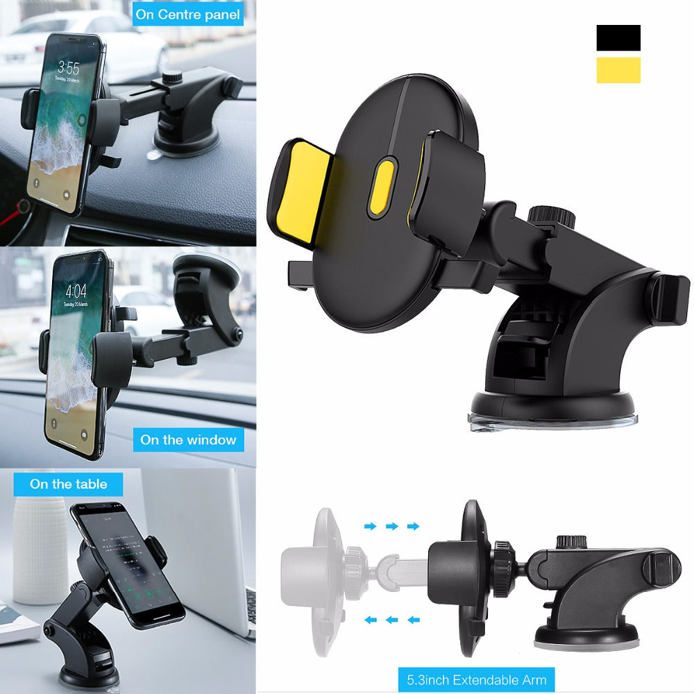 Black dashboard phone mount with adjustable arm and suction base