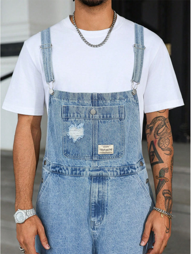 Men's Distressed Light Blue Denim Overalls - view 10