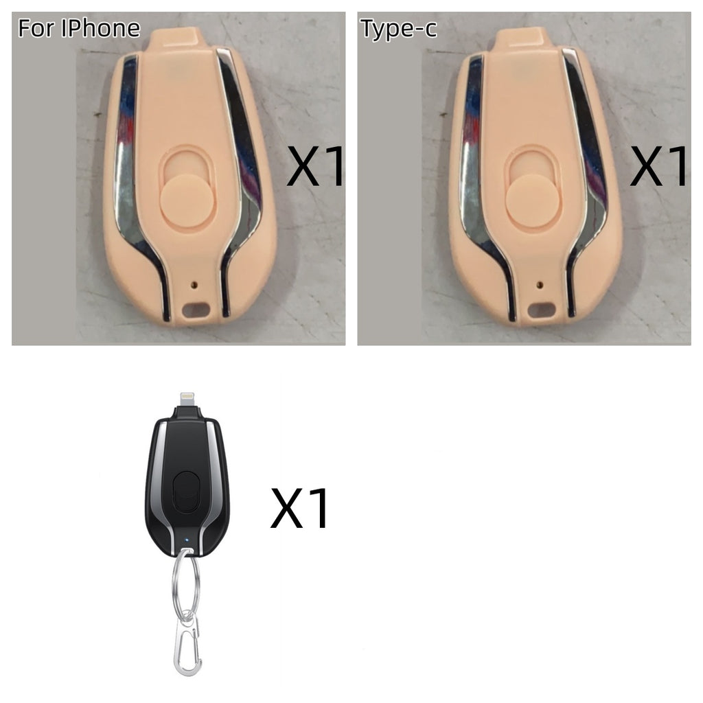 Collage of pink and black miniature power banks with connector and quantity labels