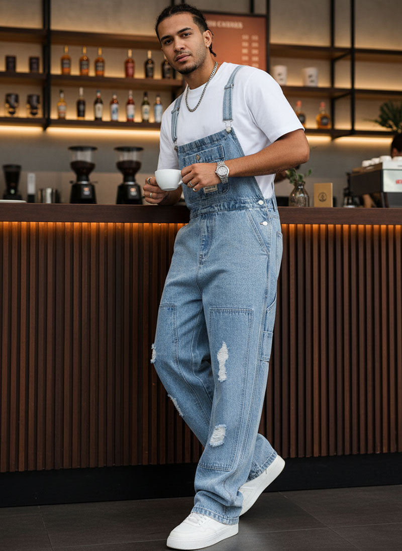 Men's Distressed Light Blue Denim Overalls - view 2