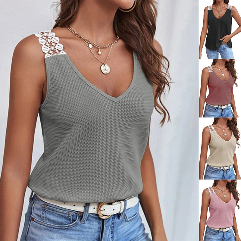 Lace-Detail Waffle Sleeveless Tank Top - product image 1