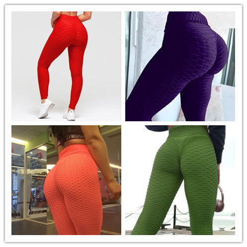 Collage of red, purple, coral and green textured scrunch leggings