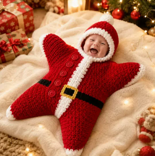 Red Santa-style star-shaped crochet outfit with white trim pictured on a baby
