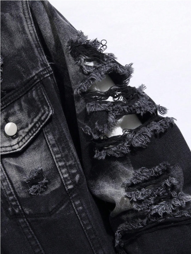 Men's Distressed Black Denim Trucker Jacket - view 3