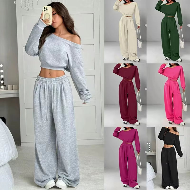 Women's One-Shoulder 2-Piece Sweatshirt and Trousers Set - product image 1