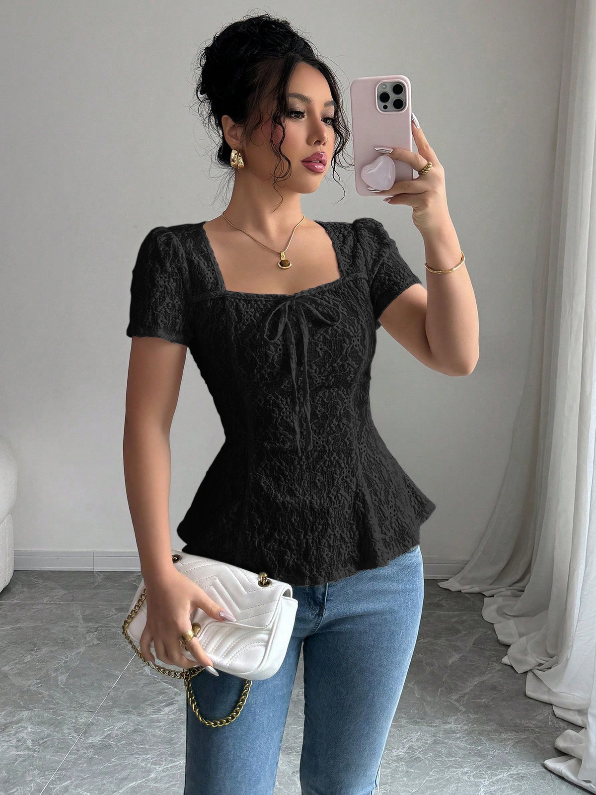 Women's Lace Bow-Detail Square-Neck Top - product image 5