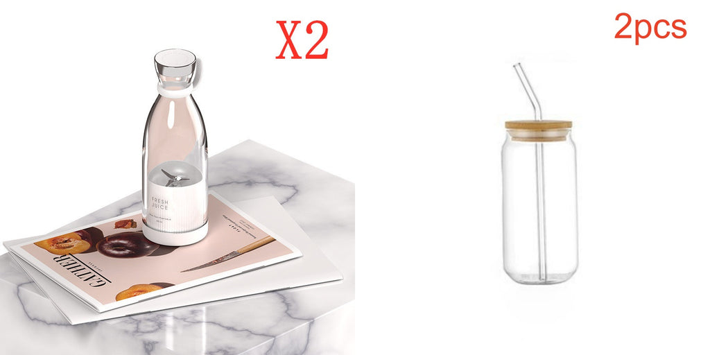 White portable blender and straw drinking glass pictured with quantity labels