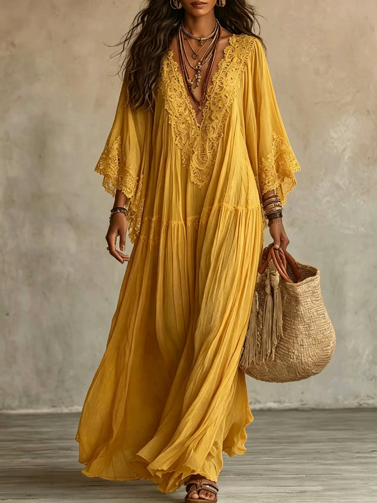 Women's Lace Trim V-Neck Flowy Maxi Dress - product image 13