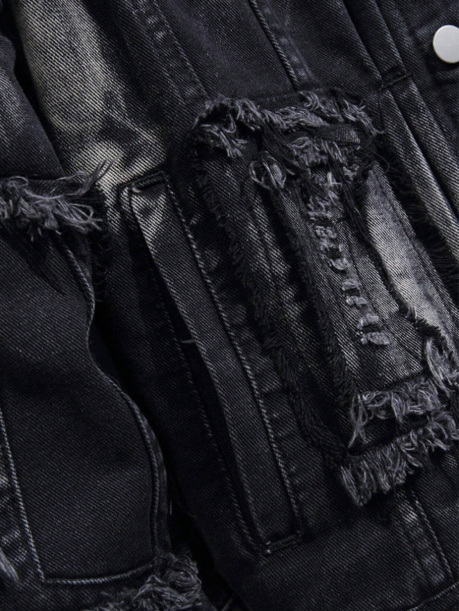 Men's Distressed Black Denim Trucker Jacket - view 4