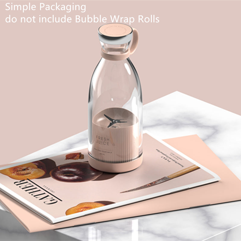 Pink portable blender with text describing simple packaging