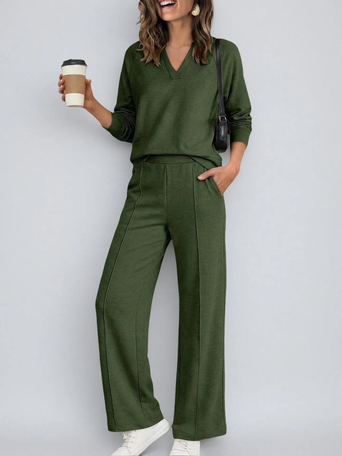 Women's Solid Color V-Neck Sweatshirt & Casual Trousers Set - product image 4