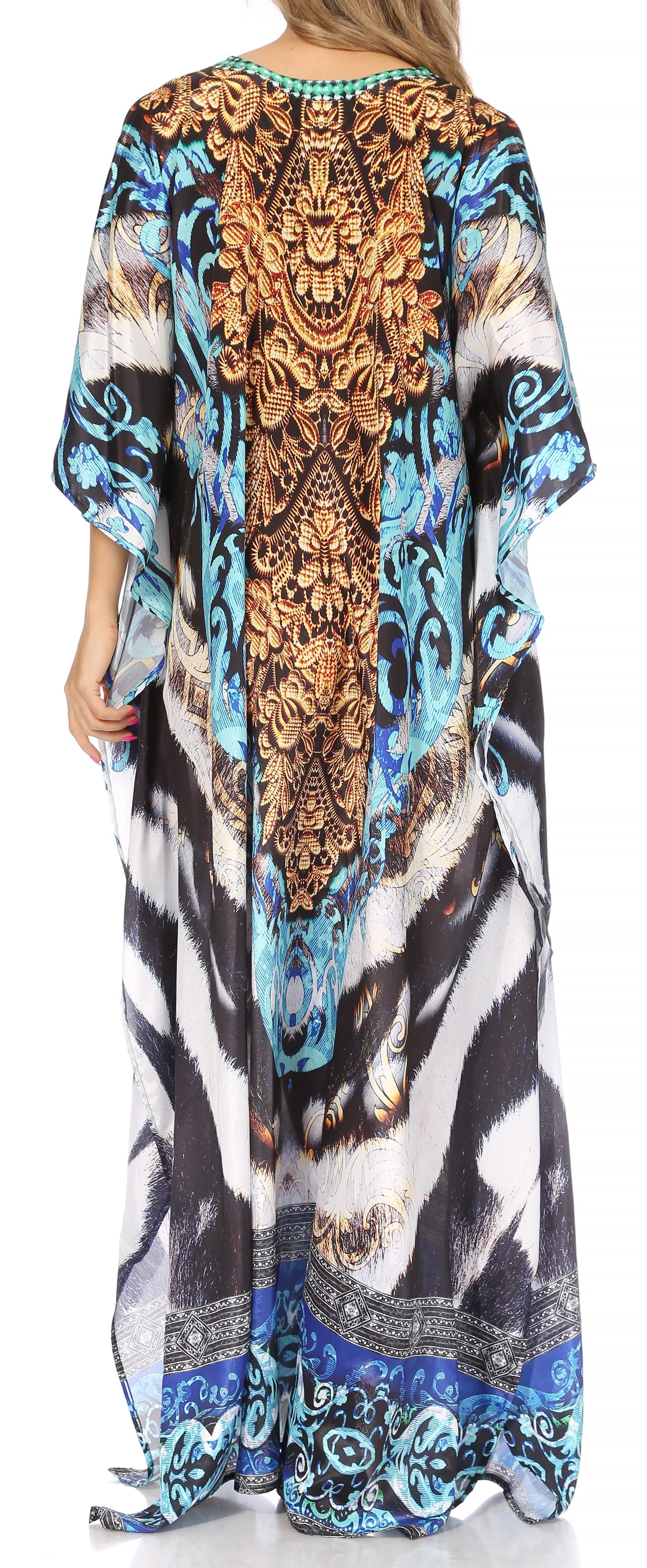 Sakkas Georgettina Flowy Rhinestone V Neck Long Caftan Dress/Cover Up