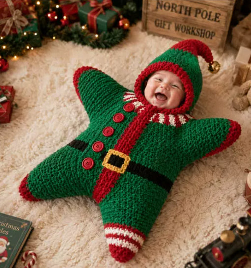 Green and red elf-style star-shaped crochet outfit pictured on a baby