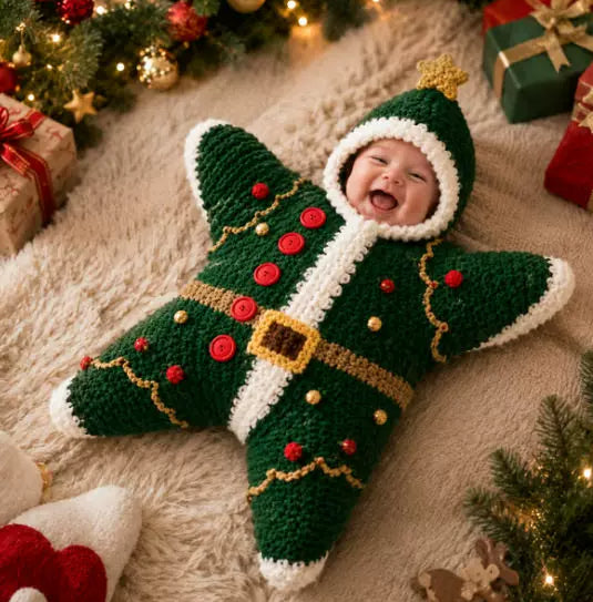 Green Christmas-tree-style star-shaped crochet outfit with gold details pictured on a baby