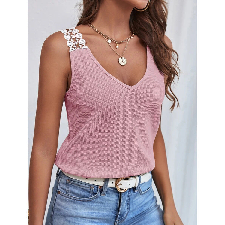 Lace-Detail Waffle Sleeveless Tank Top - product image 7