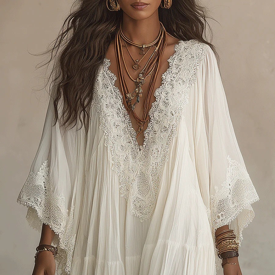 Women's Lace Trim V-Neck Flowy Maxi Dress - product image 3