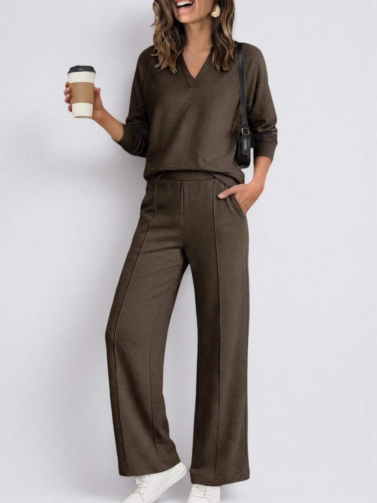 Women's Solid Color V-Neck Sweatshirt & Casual Trousers Set - product image 9