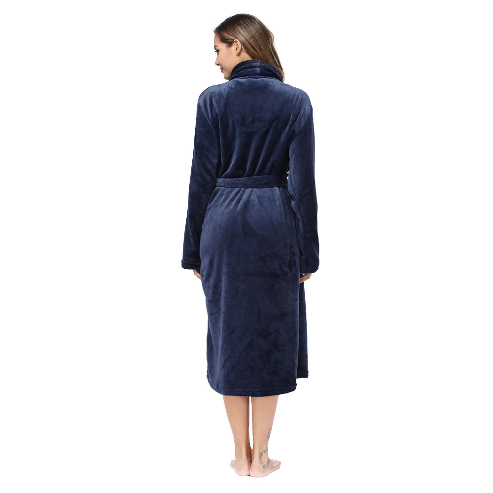 Women's Navy Blue Collared Flannel Robe - view 5