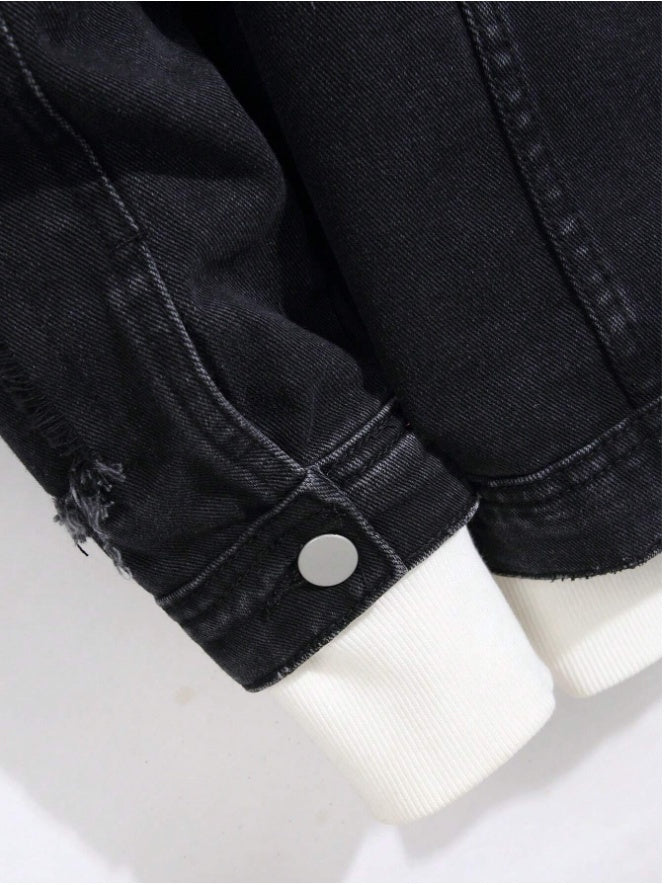Men's Distressed Black Denim Trucker Jacket - view 2