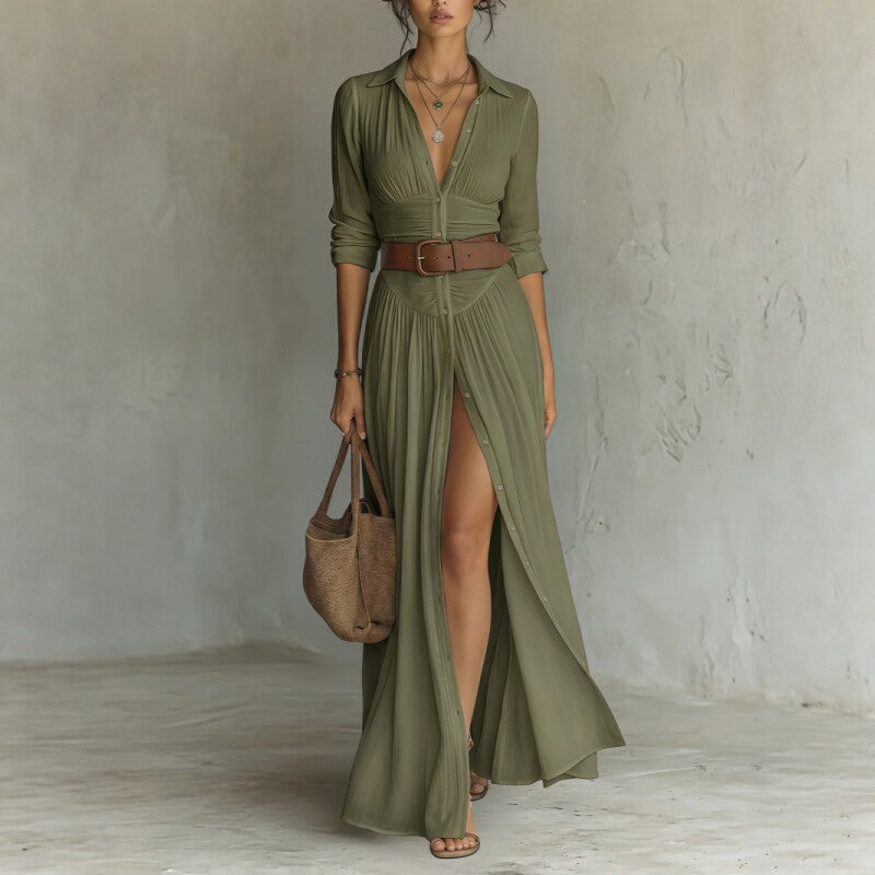 Olive maxi shirt dress showing the collar, defined waist and button front