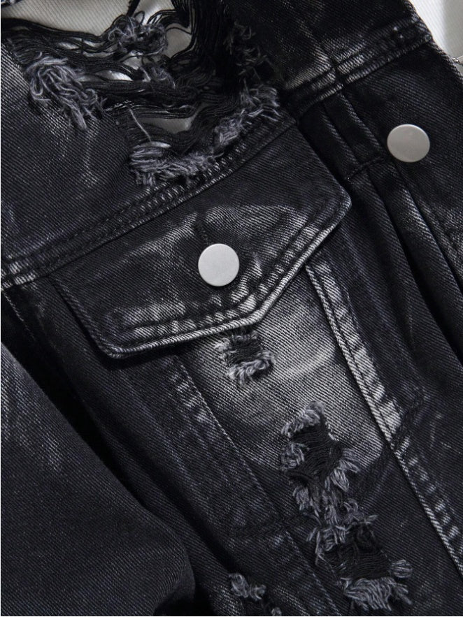 Men's Distressed Black Denim Trucker Jacket - view 8