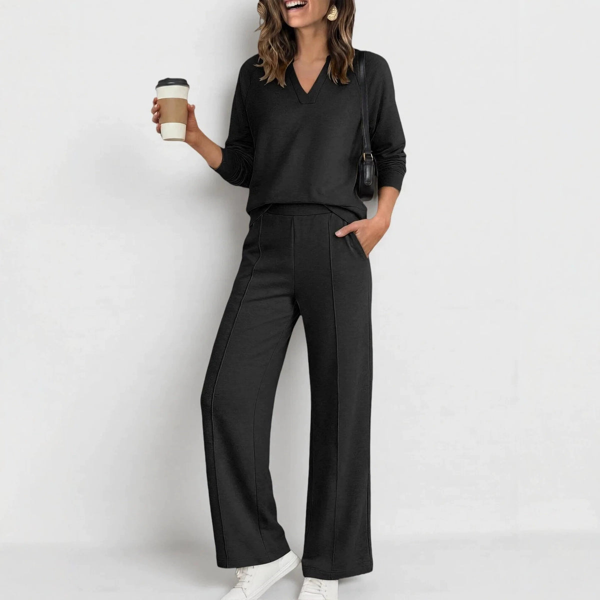Women's Solid Color V-Neck Sweatshirt & Casual Trousers Set - product image 8