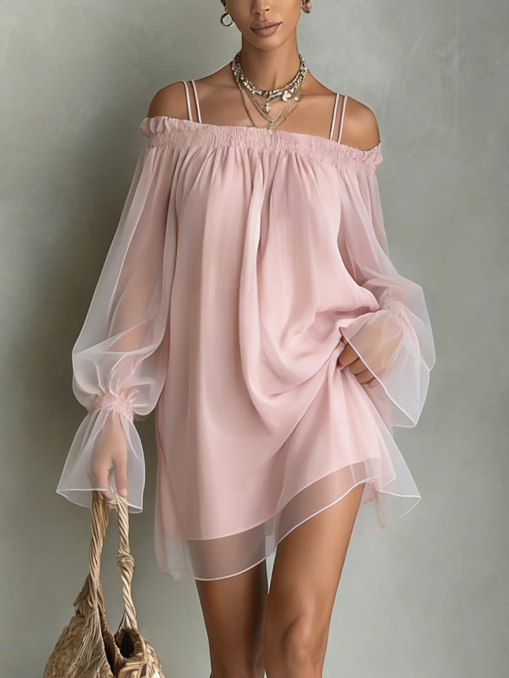 Women's Off-Shoulder Mesh Long Sleeve Mini Dress - product image 6