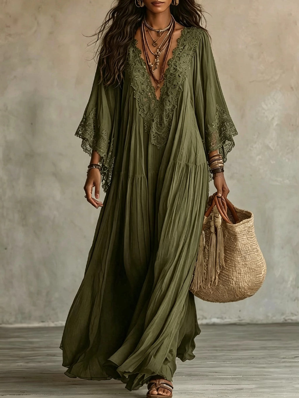 Women's Lace Trim V-Neck Flowy Maxi Dress - product image 9