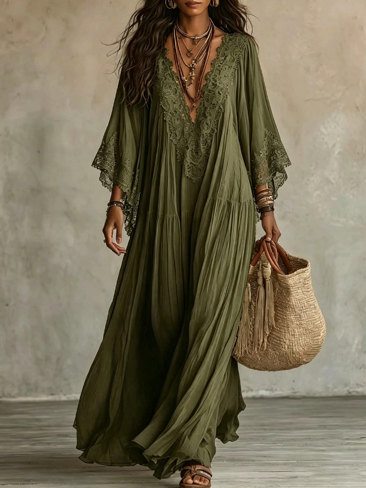 Women's Lace Trim V-Neck Flowy Maxi Dress - product image 9