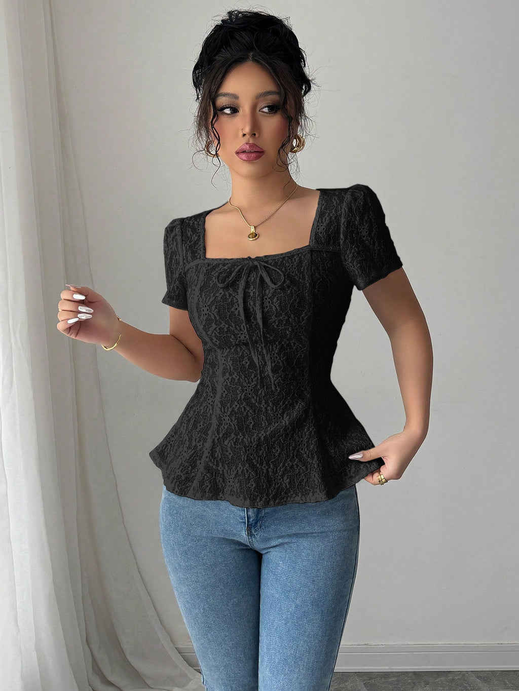 Women's Lace Bow-Detail Square-Neck Top - product image 3