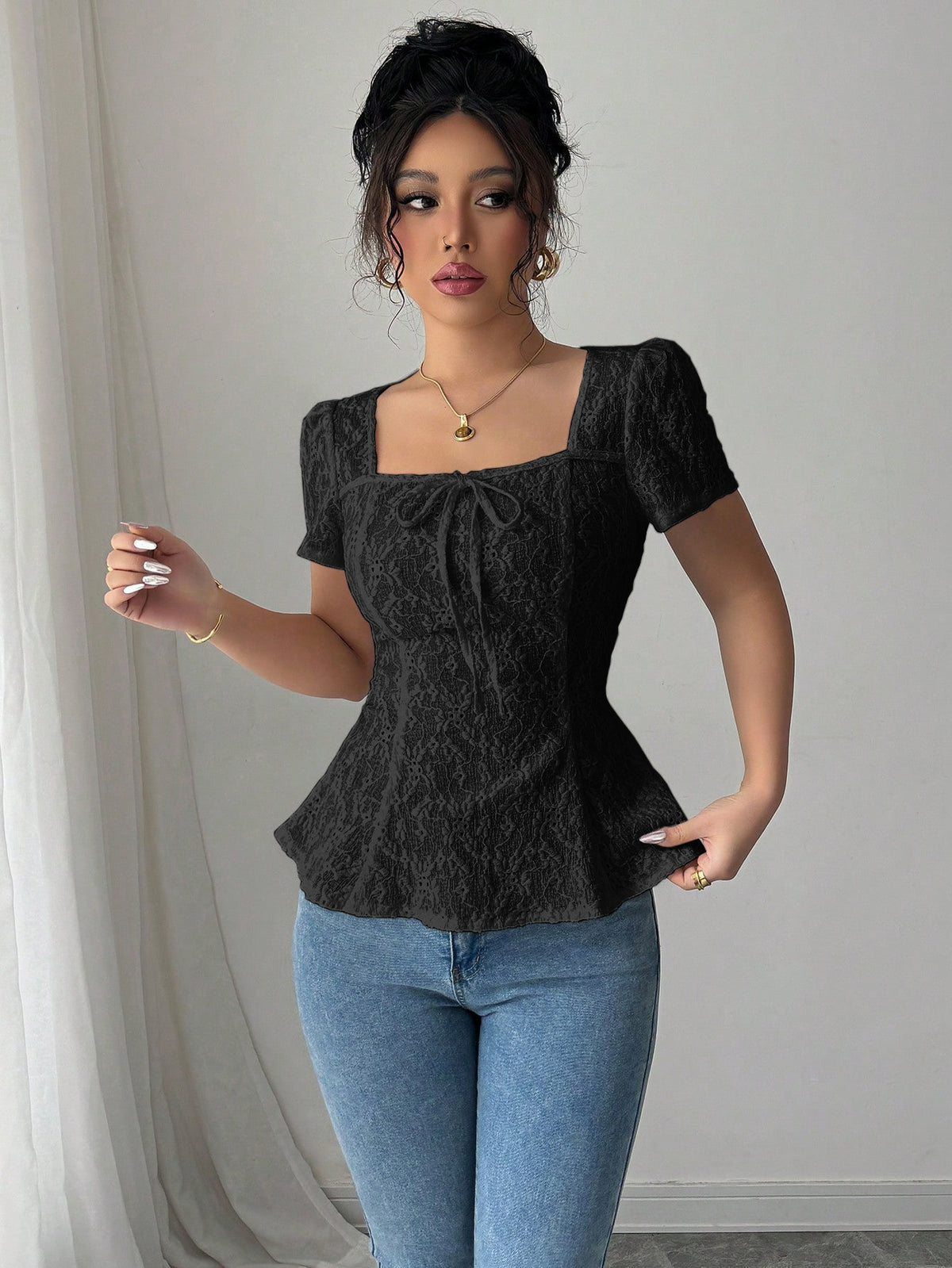 Women's Lace Bow-Detail Square-Neck Top - product image 3