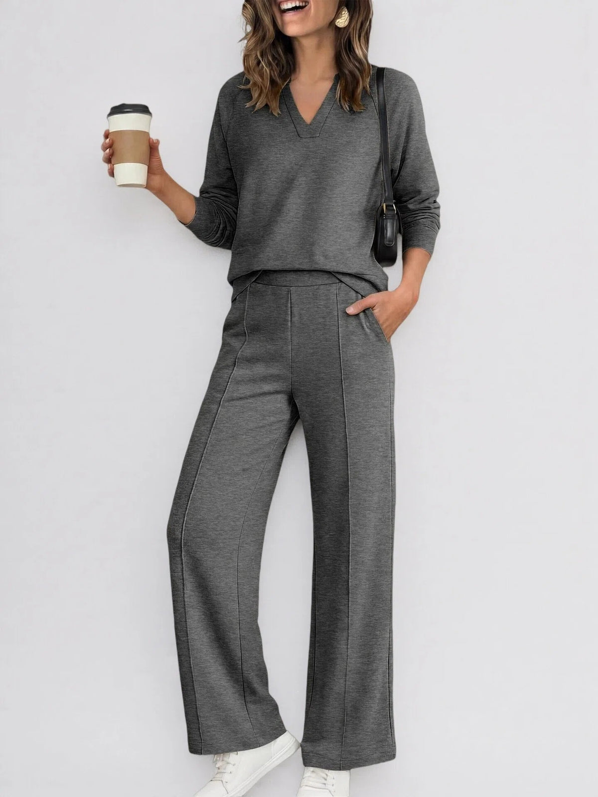 Women's Solid Color V-Neck Sweatshirt & Casual Trousers Set - product image 7