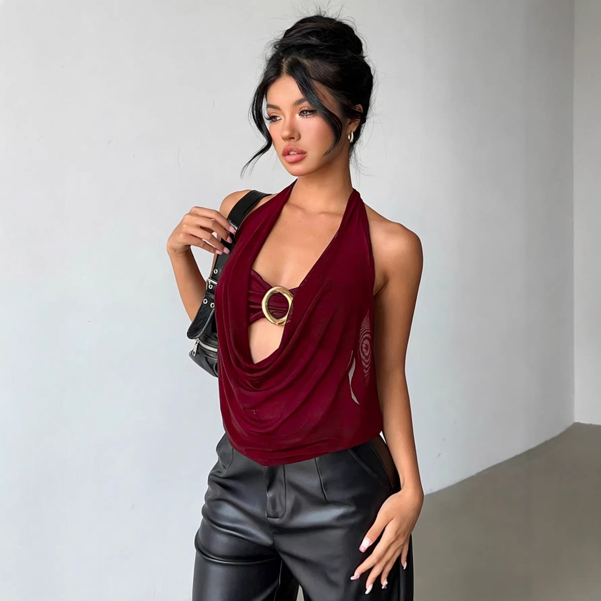 Women's Wine Red Sheer Mesh Halter Top - product image 1