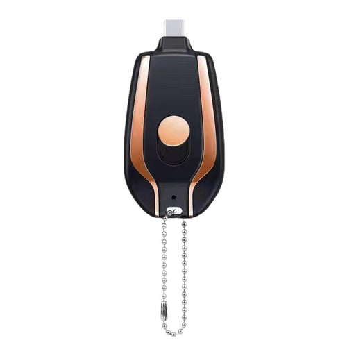 Black miniature power bank with rose-gold trim and bead-chain keyring