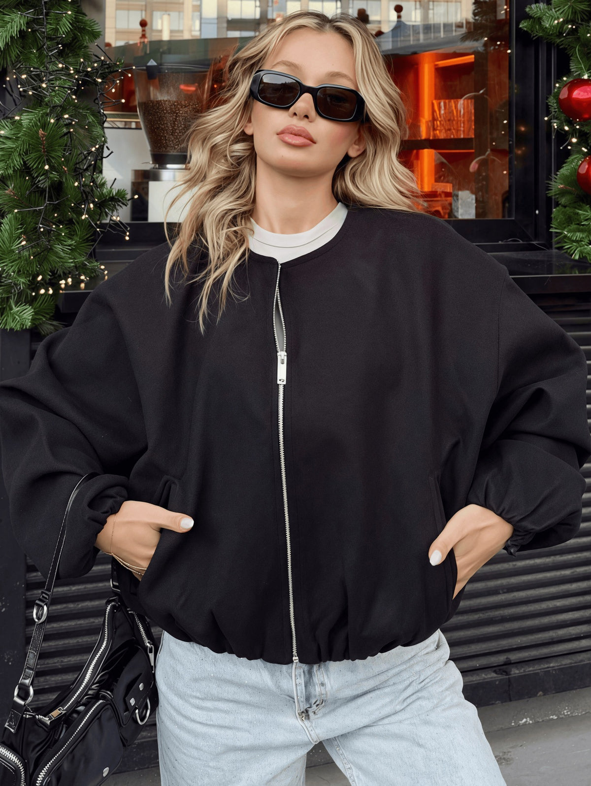 Womens Loose-Fit Crew-Neck Zip-Up Baseball Jacket - product image 7