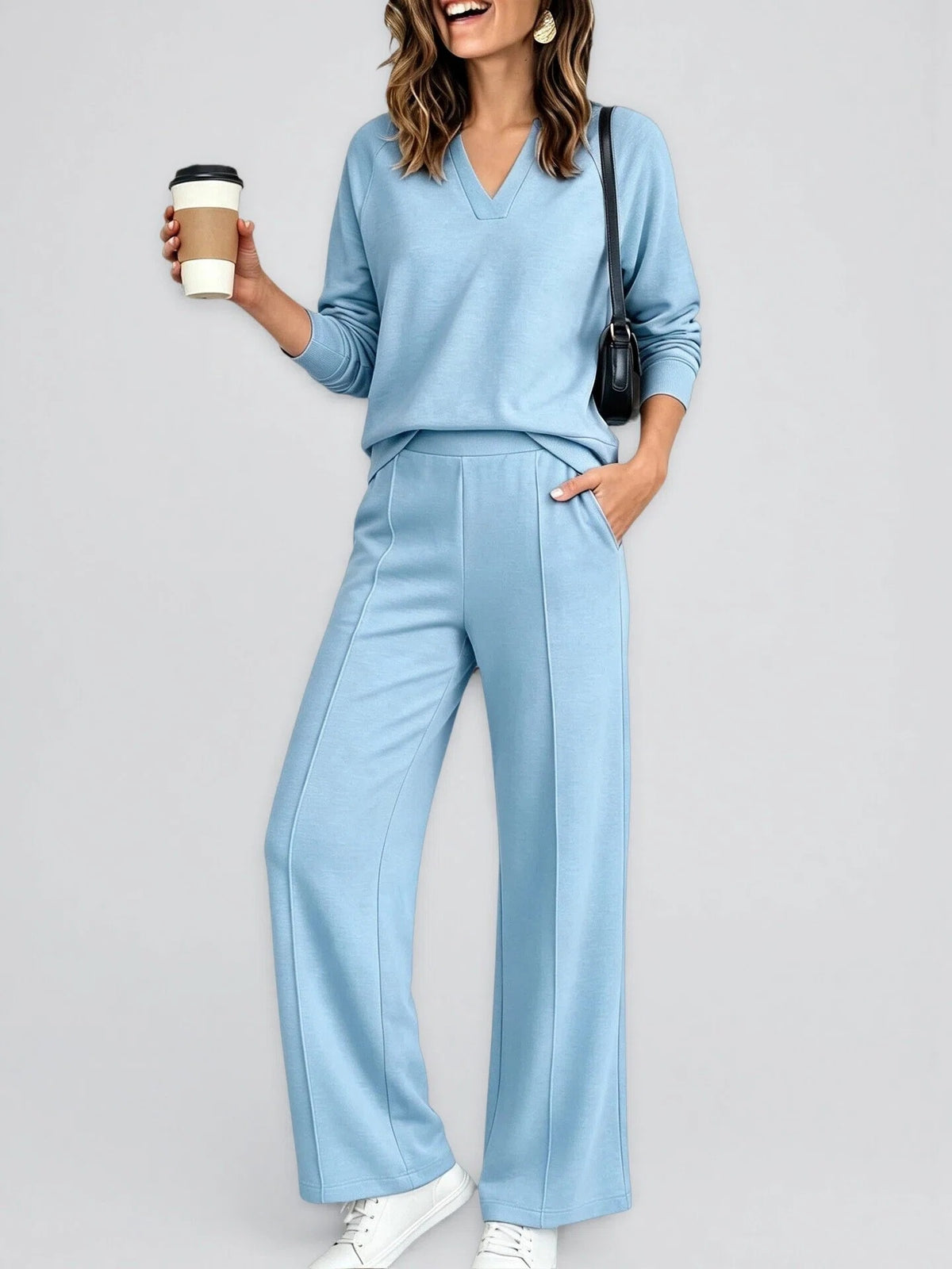 Women's Solid Color V-Neck Sweatshirt & Casual Trousers Set - product image 3
