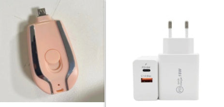 Pink miniature power bank pictured beside a wall charger