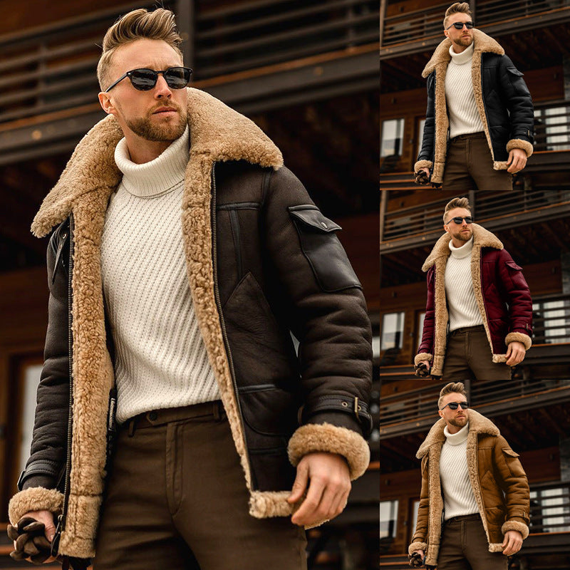 Model wearing a dark winter jacket with broad tan fleece-style collar and cuffs
