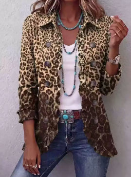 Leopard-print retro jacket with ruffled front edges worn over a white top