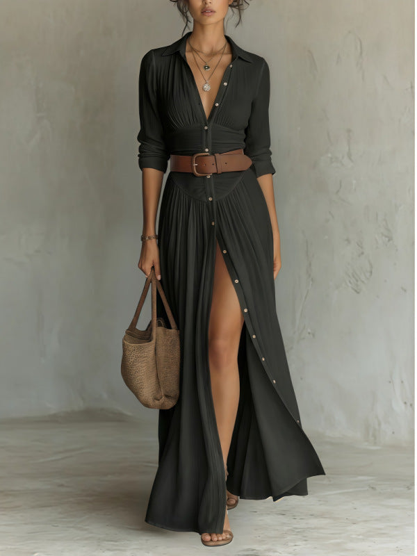 Black collared maxi shirt dress shown with a brown belt and handbag