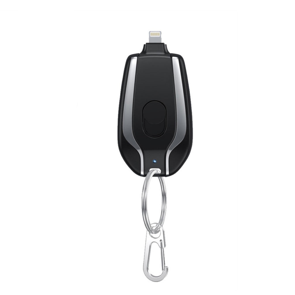 Black miniature power bank with silver trim and keyring clip