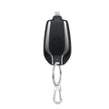 Black miniature power bank with silver trim and keyring clip