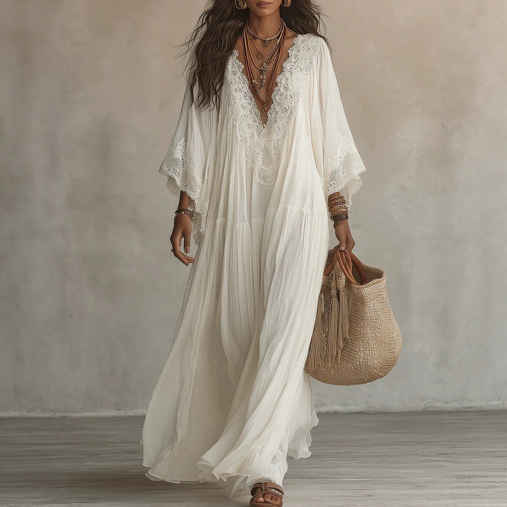 Women's Lace Trim V-Neck Flowy Maxi Dress - product image 5
