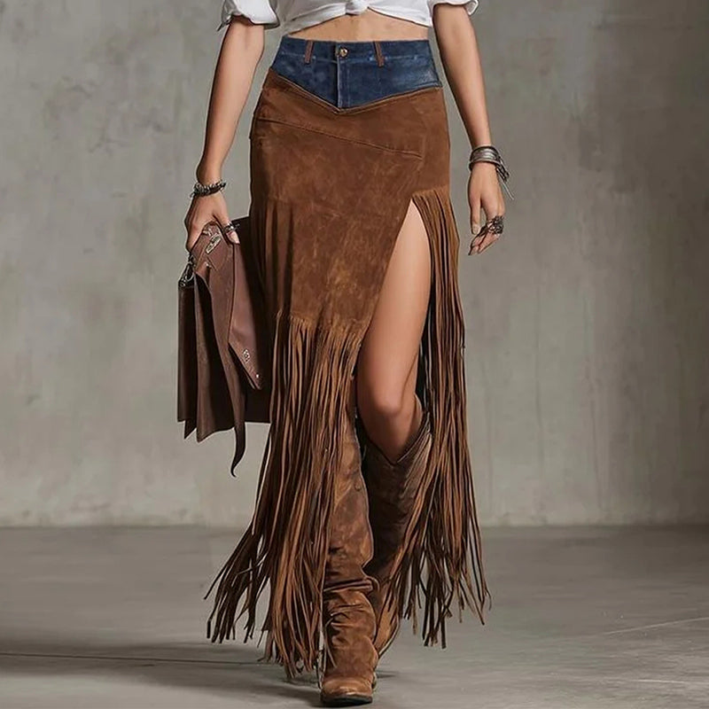 Women's Patchwork Fringe Maxi Skirt