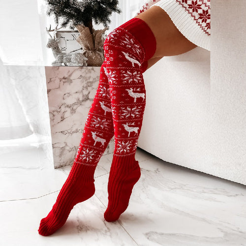 Christmas Thigh-High Knit Stockings – Elk & Snowflake Over-the-Knee Socks - product image 2
