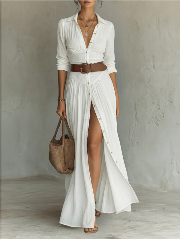 White collared maxi shirt dress worn with a brown belt and handbag