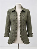 Olive floral-detail jacket on a mannequin with ruffled hem and cuffs